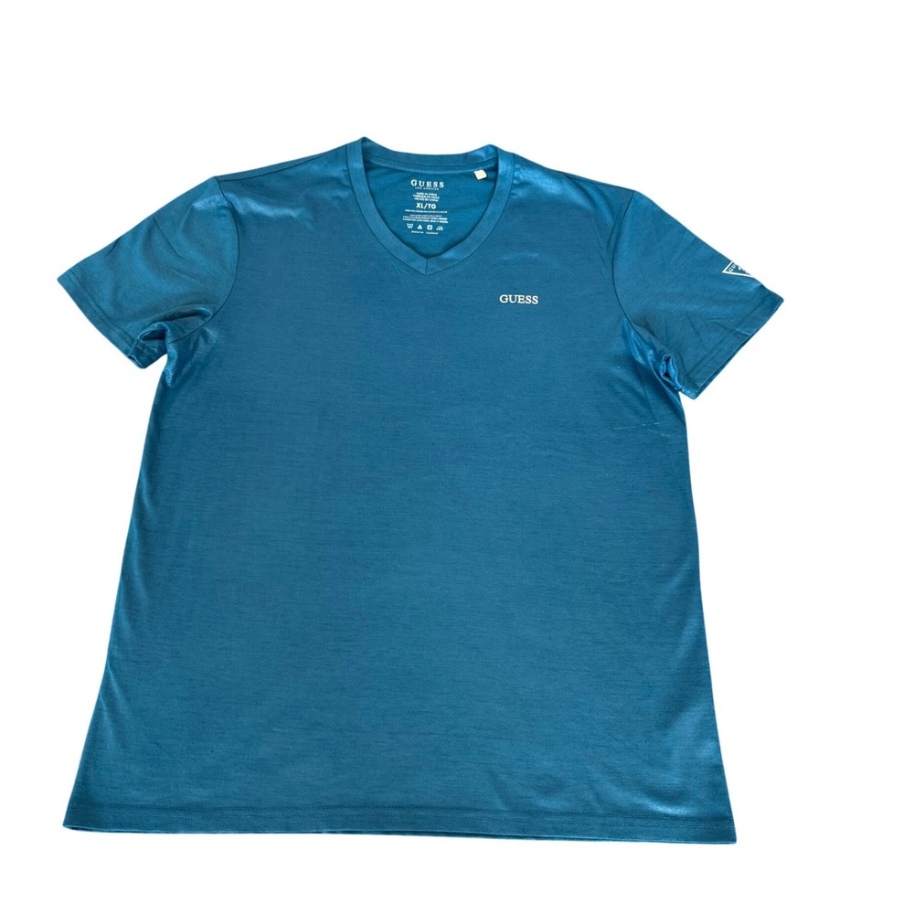 Guess Los Angeles Mens XL Teal Blue V-Neck Short Sleeve‎ Logo T-Shirt Polyester